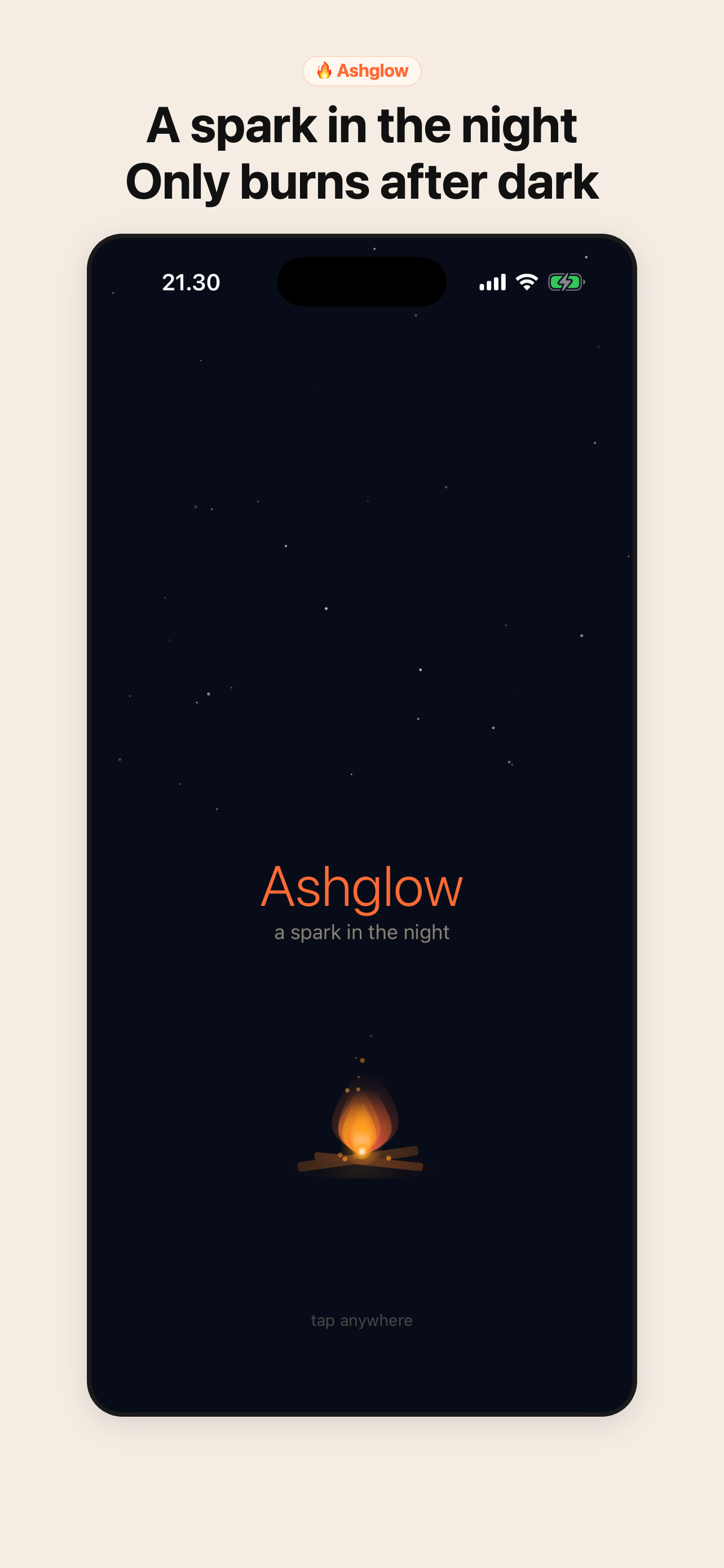 Ashglow splash screen — animated bonfire with starry night sky, 'a spark in the night' tagline