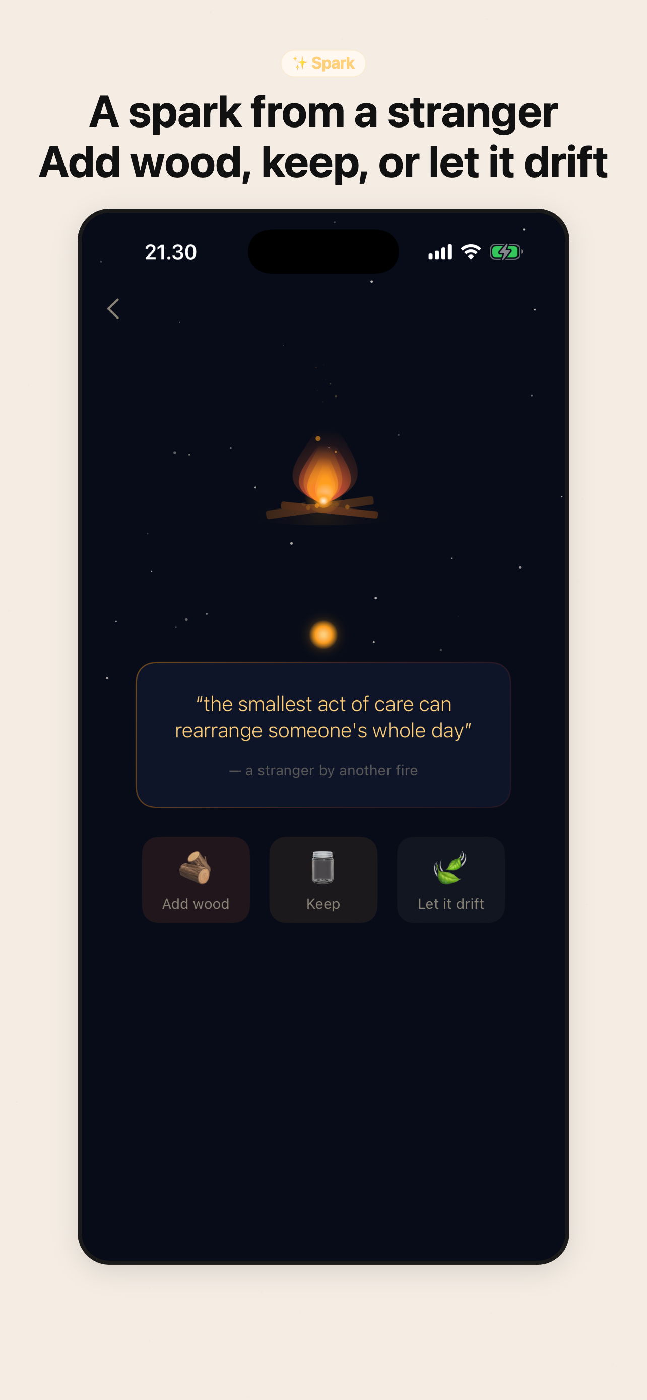 Ashglow reading a spark — a stranger's thought displayed with Add wood, Keep, and Let it drift options