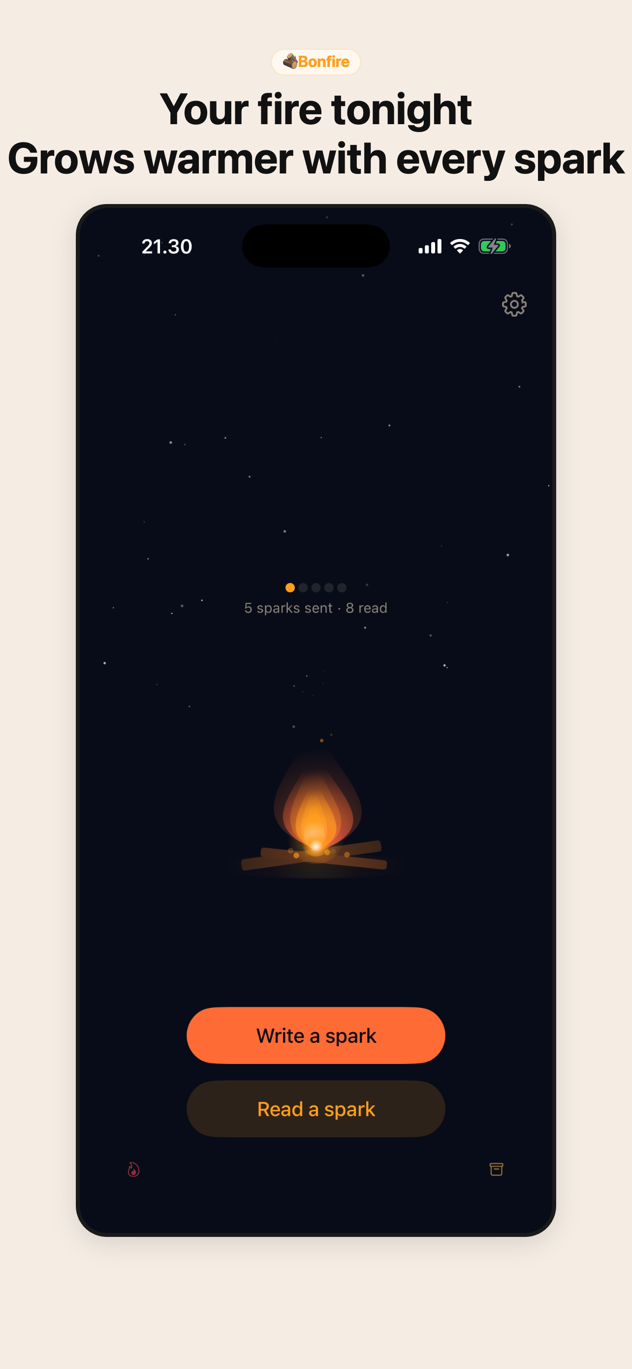 Ashglow home screen — bonfire with sparks sent and read count, Write a spark and Read a spark buttons