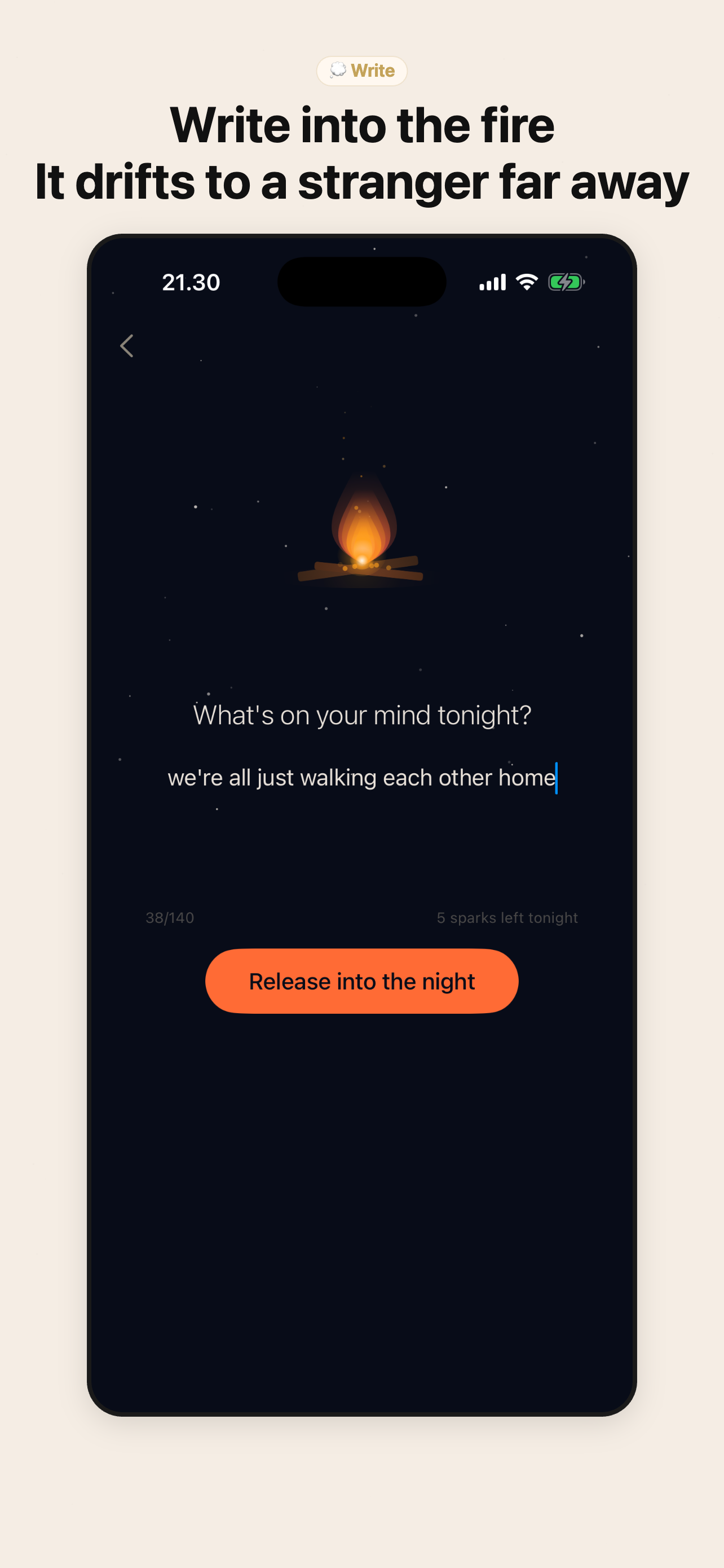 Ashglow write screen — composing a thought with 140 character limit, Release into the night button