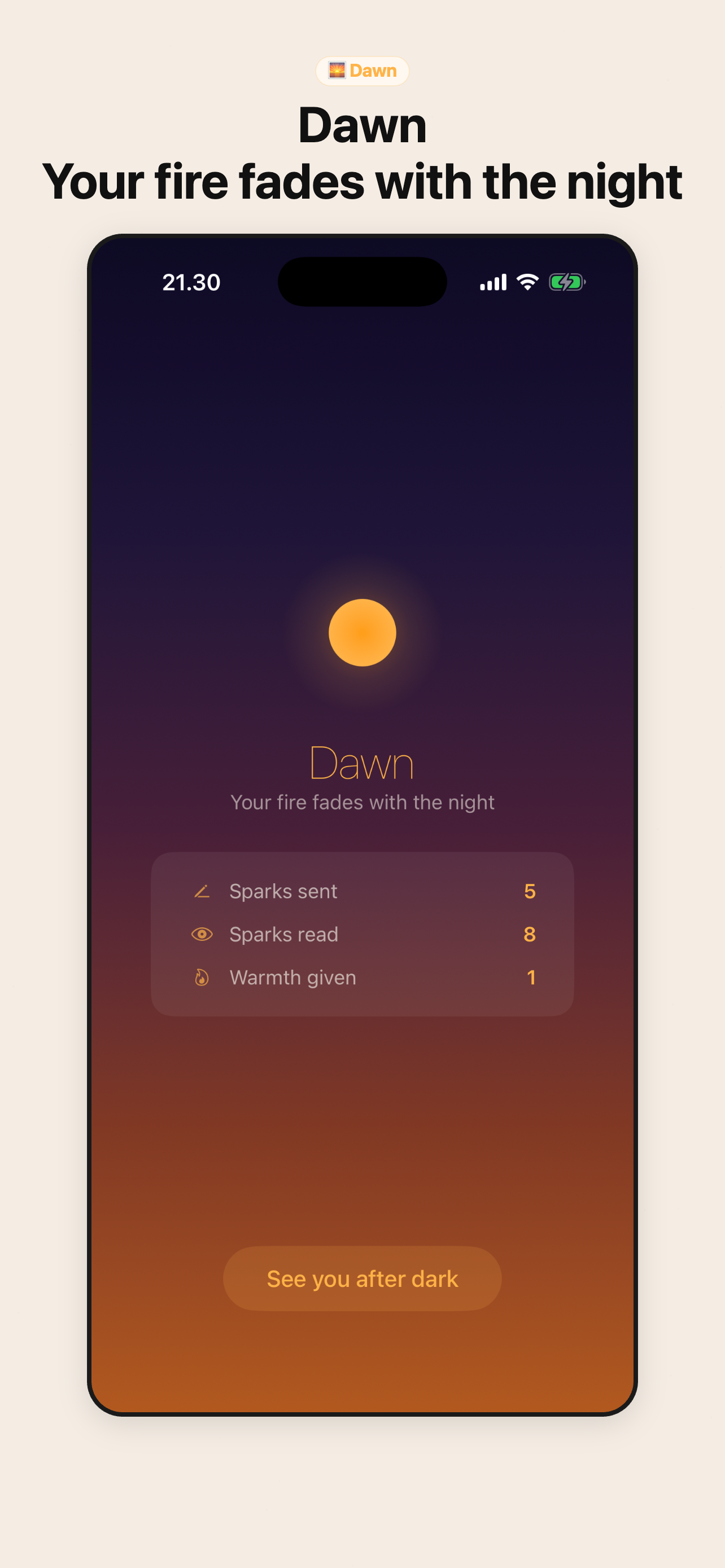 Ashglow dawn summary — night stats showing sparks sent, sparks read, and warmth given