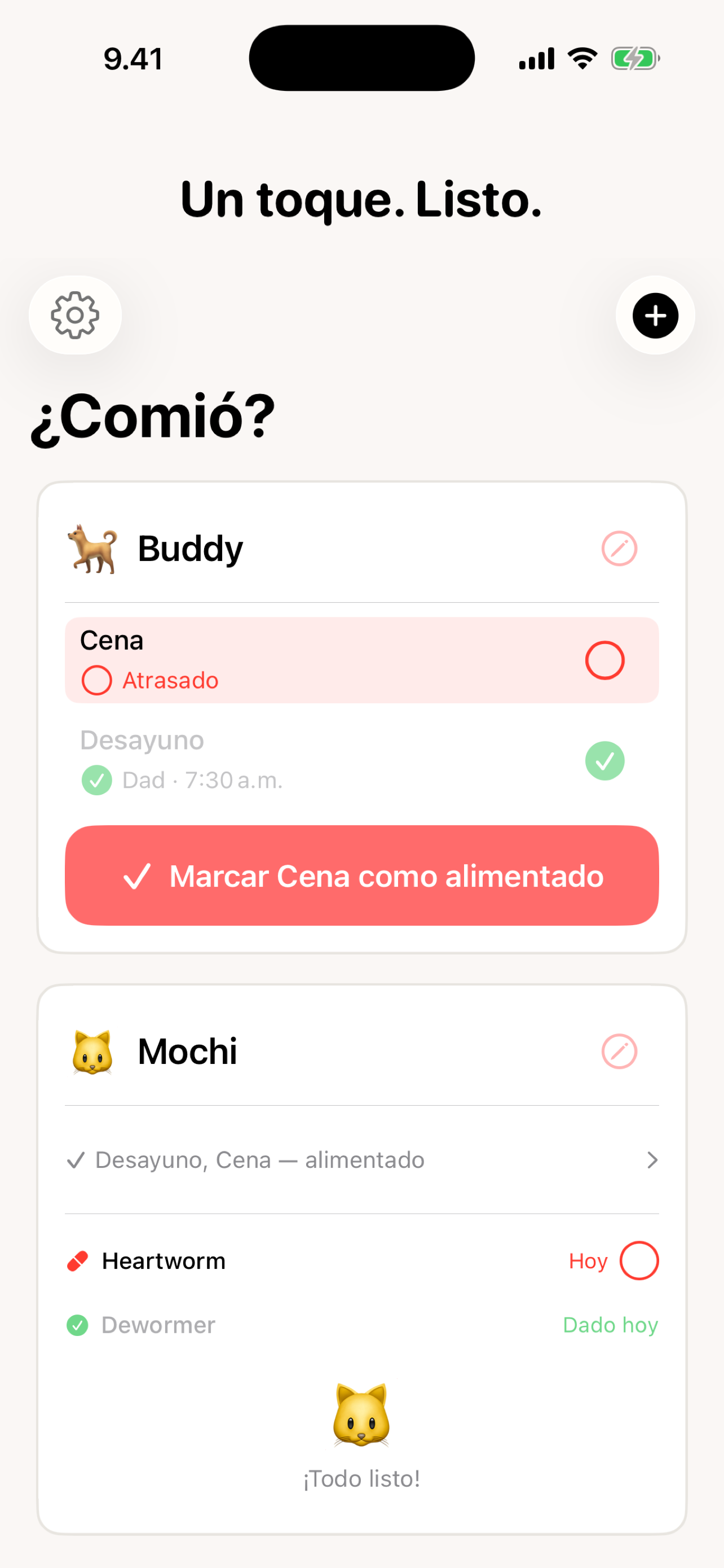 Fed? pantalla principal — un toque para marcar la cena de Buddy como alimentado