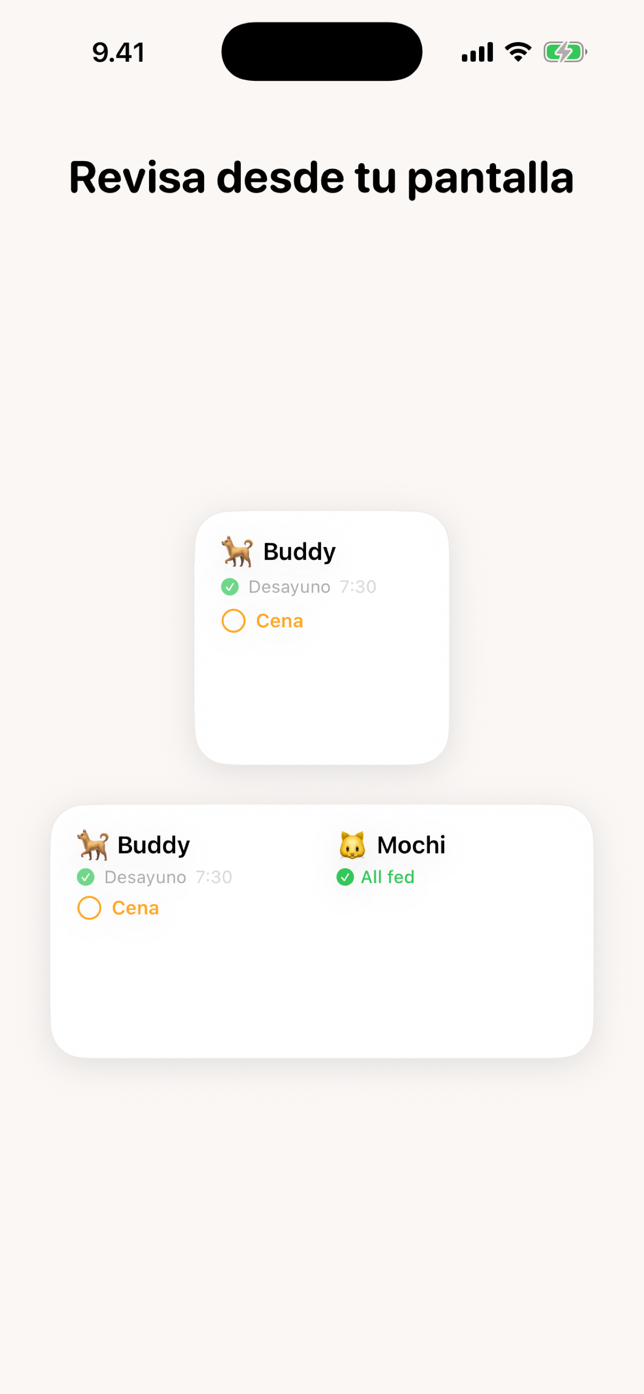 Fed? widgets de pantalla de inicio — tamaños pequeño y mediano mostrando estado de alimentación