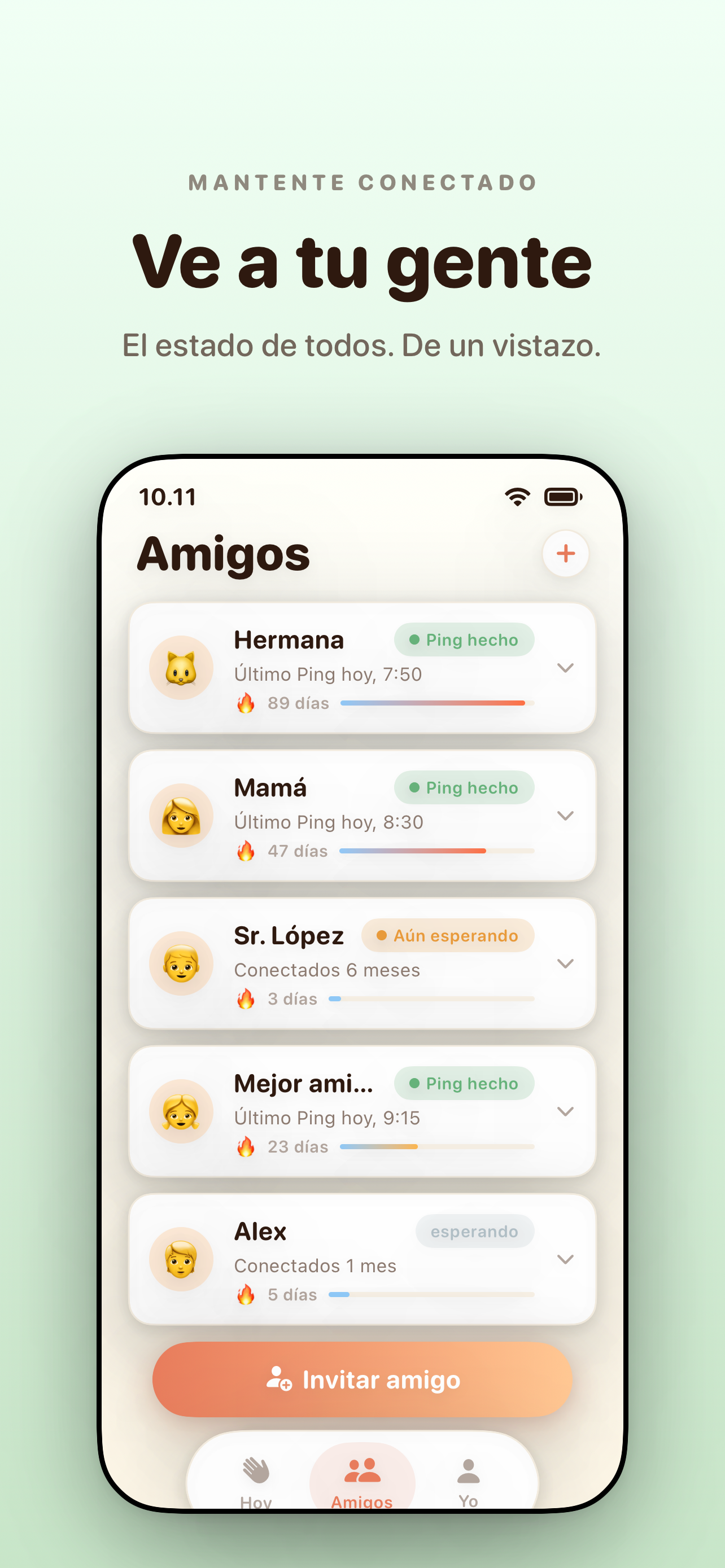 Panel de amigos — «Mira a los tuyos. El estado de todos, de un vistazo.» Check-ins de hoy de Hermana, Mamá, Sr. Lee, Bestie y Alex.