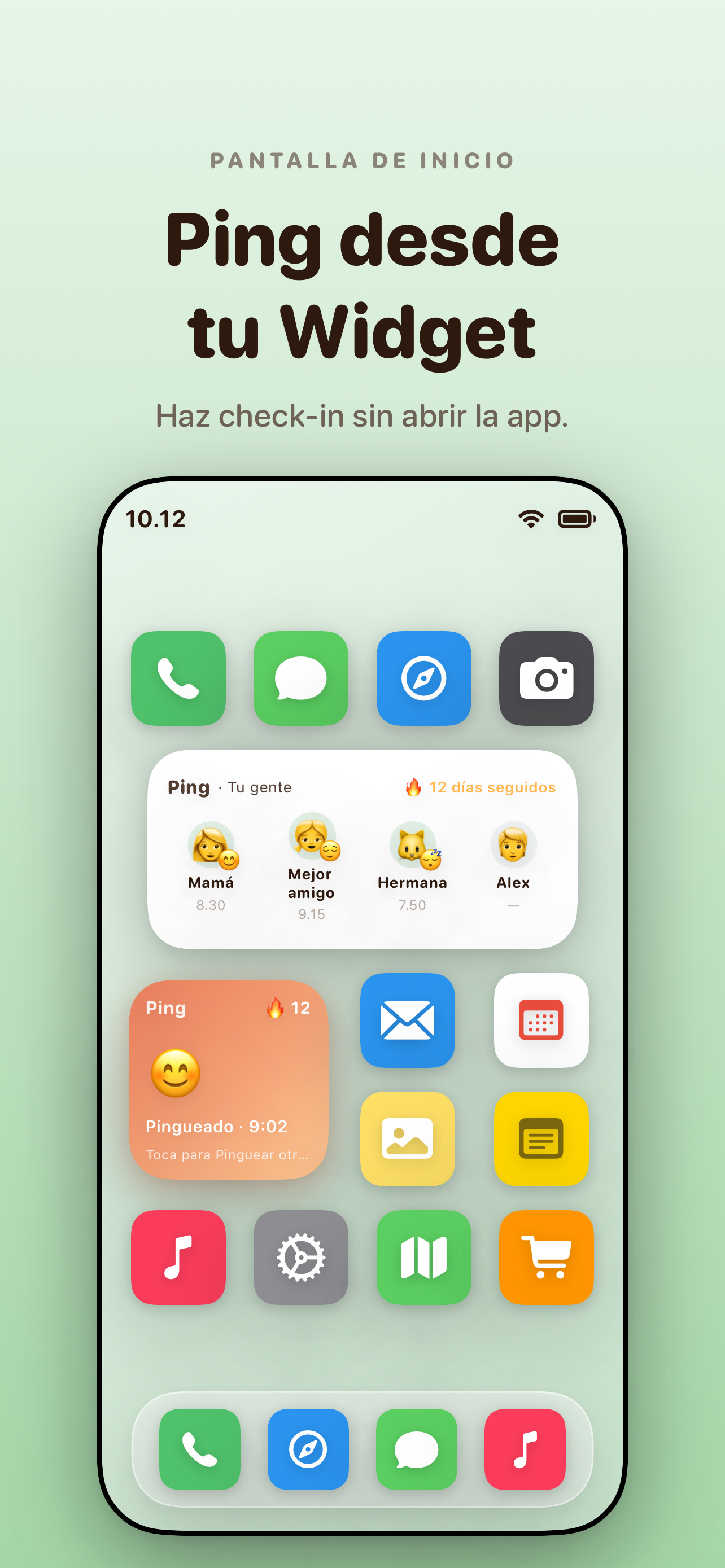 Pantalla de inicio de iPhone — «Haz Ping desde tu widget. Sin abrir la app.» Widget mediano con cuatro amigos y widget pequeño de ánimo.