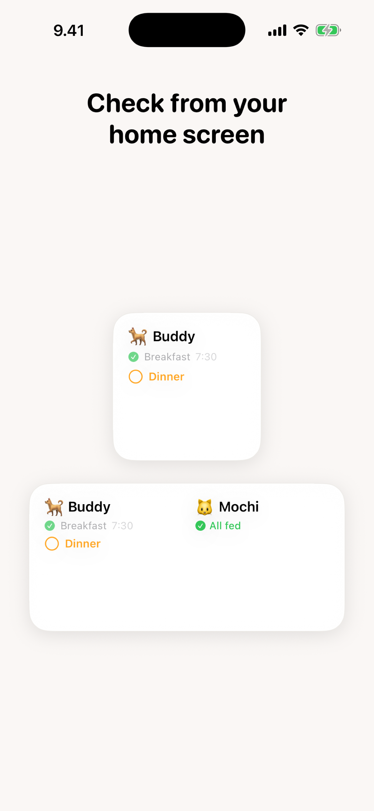 Fed? Home Screen widgets — small and medium sizes showing feeding status for Buddy and Mochi