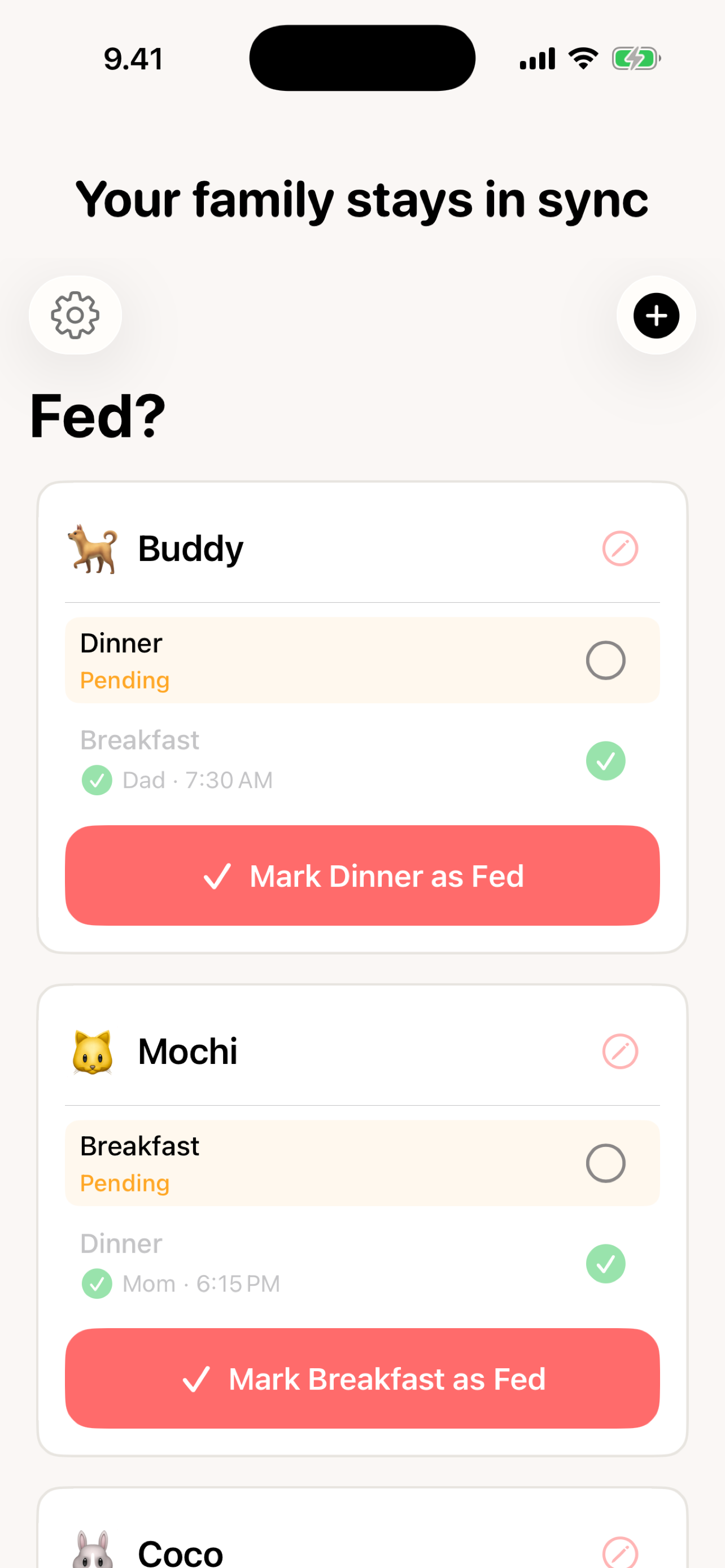 Fed? family sync — Dad and Mom feeding different pets, real-time status via iCloud