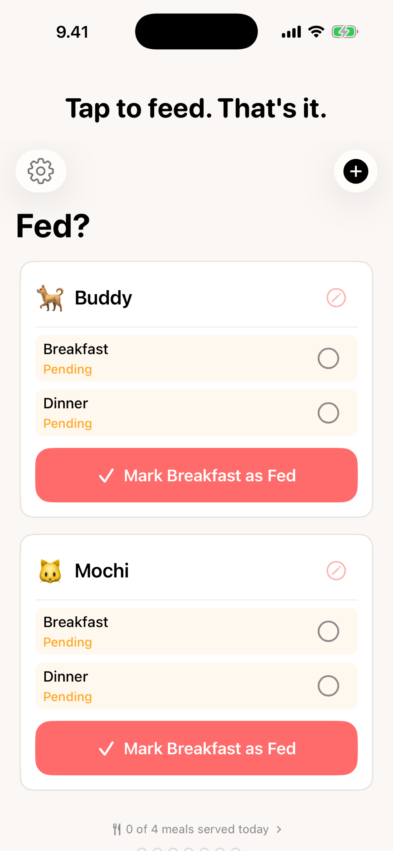 Fed? feeding dashboard — tap to feed with pending meals for multiple pets