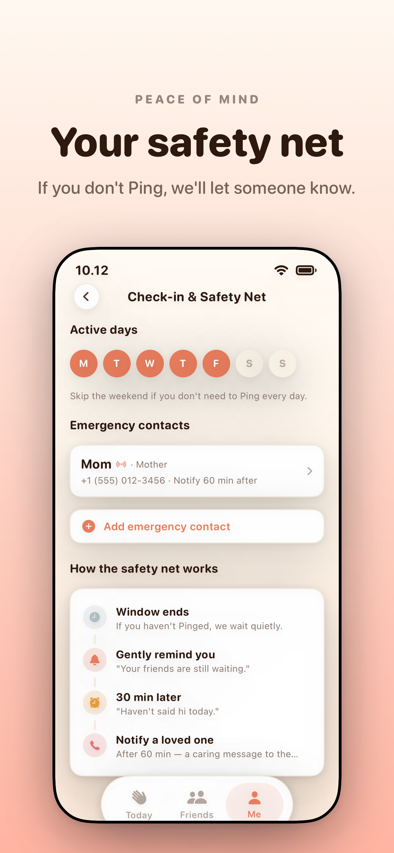 Check-in & Safety Net settings — 'Your safety net. If you don't Ping, we'll let someone know.' Active days, emergency contact, and the four-step gentle escalation.