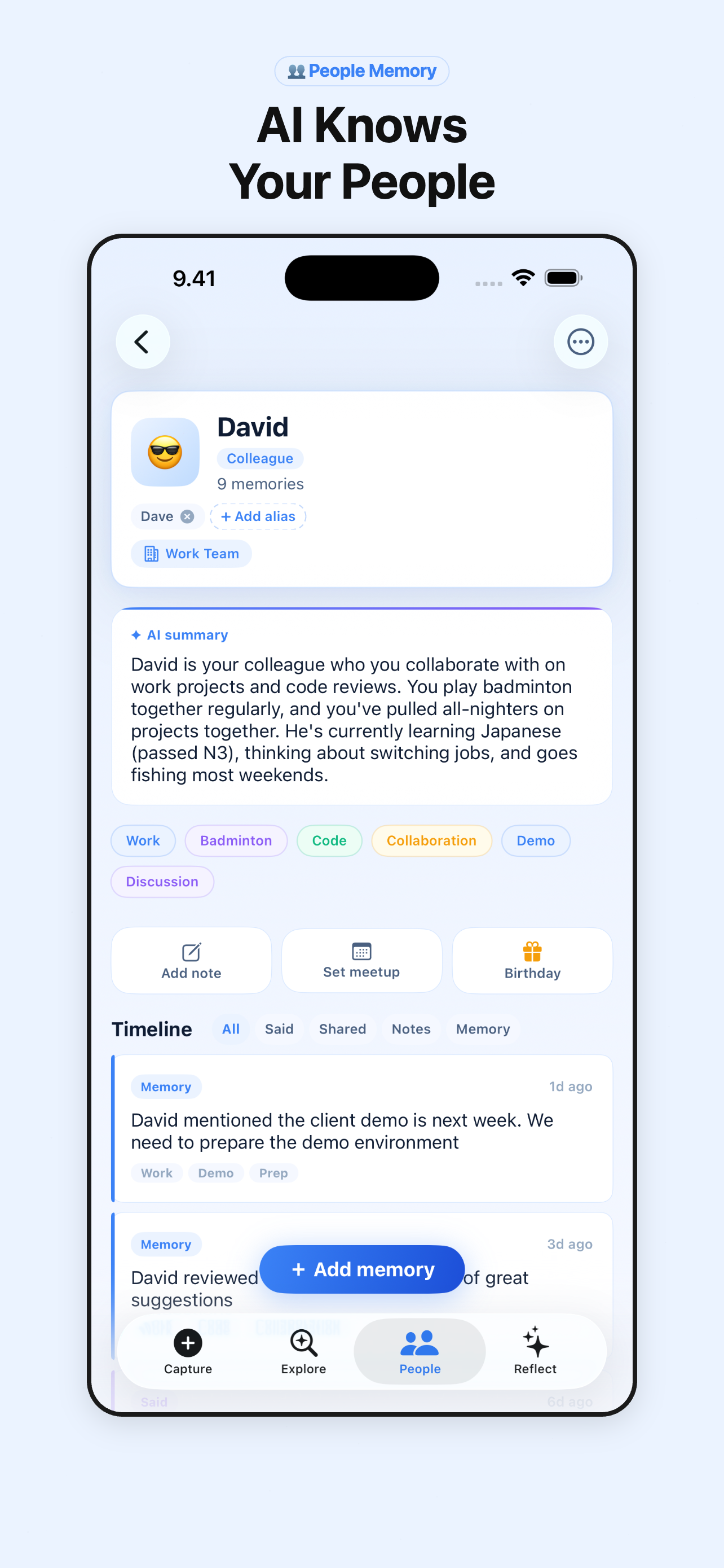 People Memory — AI knows your people with summaries, tags, and timeline