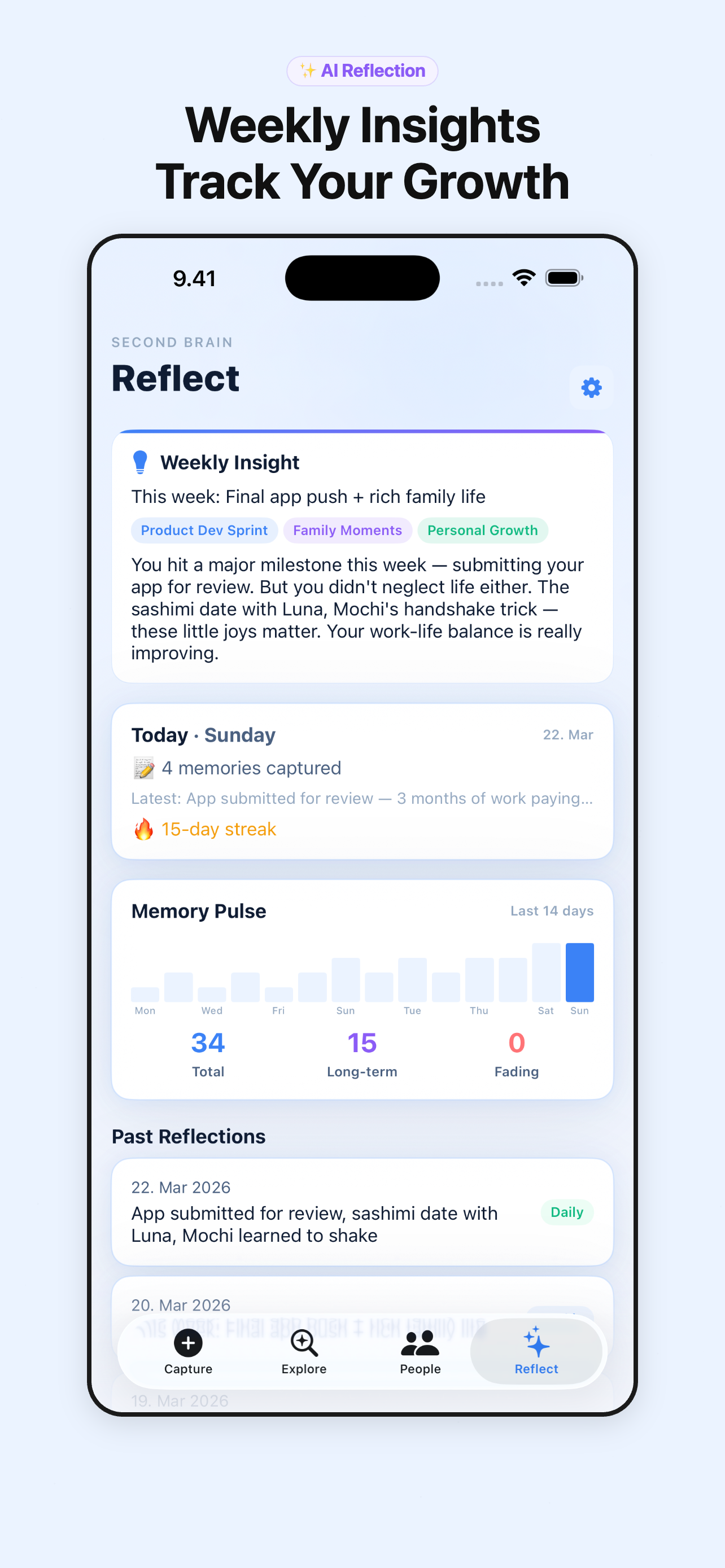 AI Reflection — weekly insights with Memory Pulse chart and past reflections