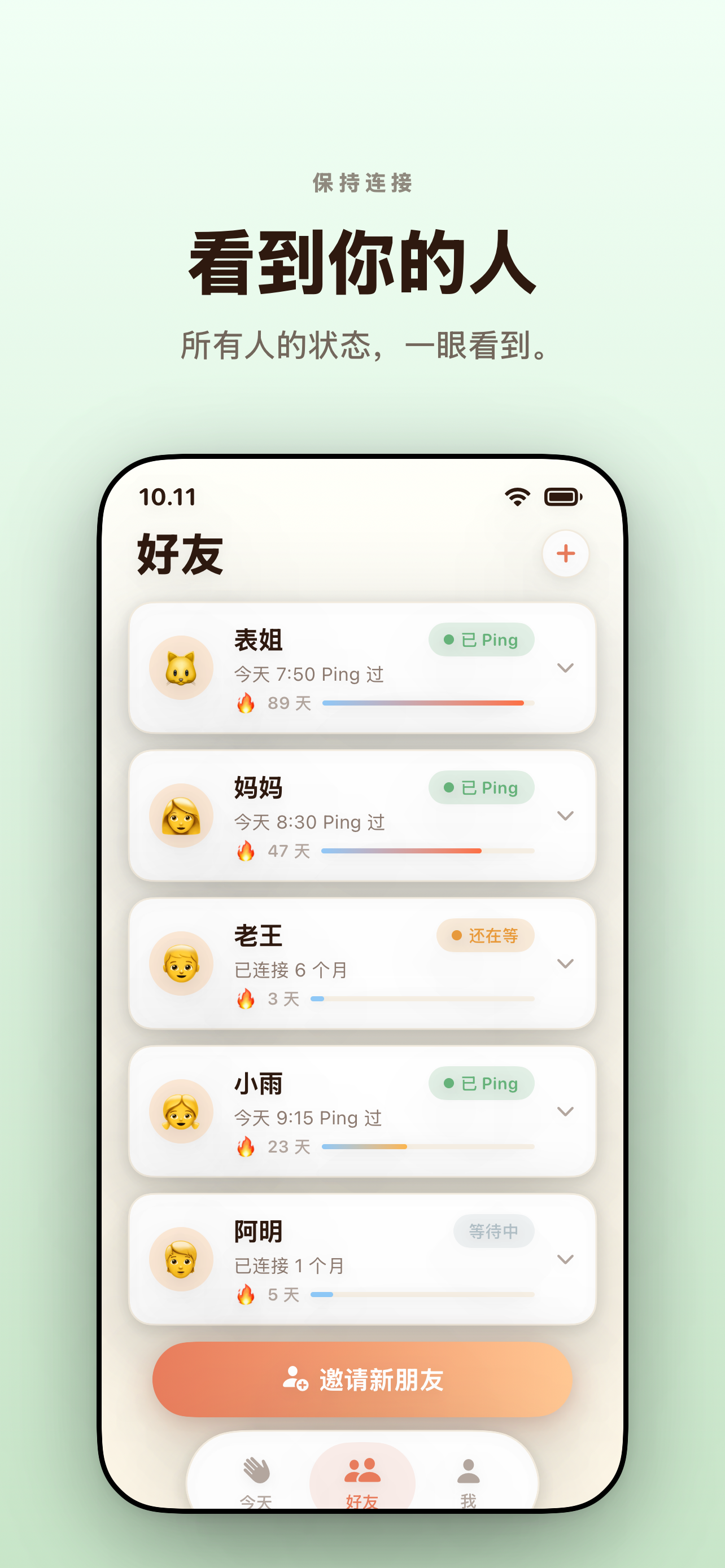 好友状态板 — 「看看你的人，一眼看见所有人。」姐姐、妈妈、李先生、闺蜜、Alex 今天的打卡。